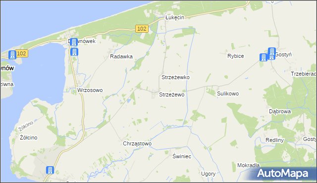 mapa Strzeżewo gmina Kamień Pomorski, Strzeżewo gmina Kamień Pomorski na mapie Targeo