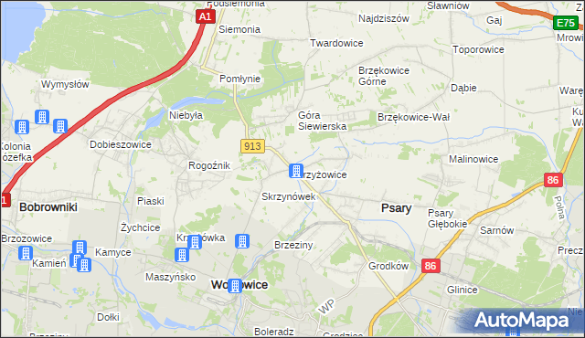mapa Strzyżowice gmina Psary, Strzyżowice gmina Psary na mapie Targeo