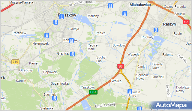 mapa Suchy Las gmina Michałowice, Suchy Las gmina Michałowice na mapie Targeo