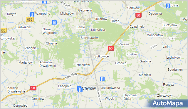 mapa Sułkowice gmina Chynów, Sułkowice gmina Chynów na mapie Targeo