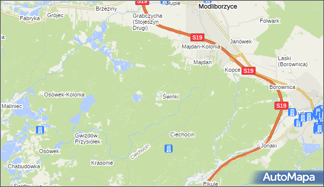 mapa Świnki gmina Modliborzyce, Świnki gmina Modliborzyce na mapie Targeo