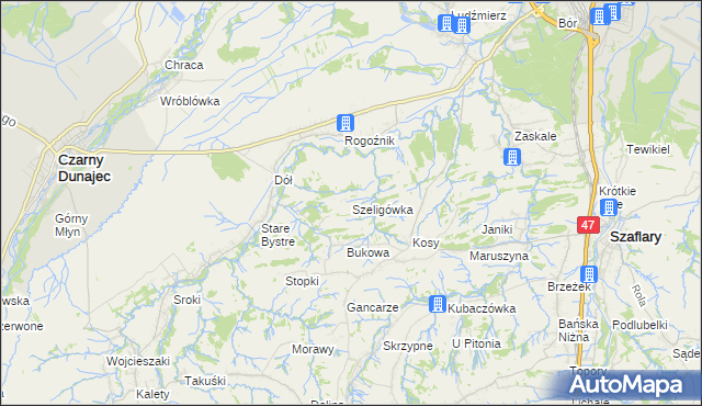 mapa Szeligówka gmina Czarny Dunajec, Szeligówka gmina Czarny Dunajec na mapie Targeo