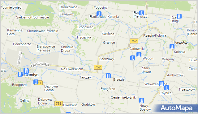 mapa Szerzawy gmina Pawłów, Szerzawy gmina Pawłów na mapie Targeo