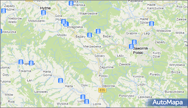 mapa Szklary gmina Hyżne, Szklary gmina Hyżne na mapie Targeo