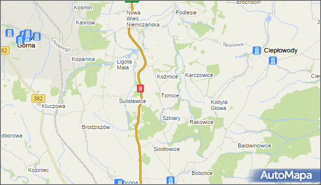 mapa Tomice gmina Ciepłowody, Tomice gmina Ciepłowody na mapie Targeo