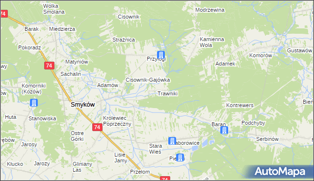 mapa Trawniki gmina Smyków, Trawniki gmina Smyków na mapie Targeo