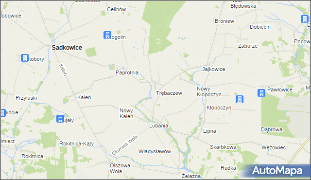 mapa Trębaczew gmina Sadkowice, Trębaczew gmina Sadkowice na mapie Targeo