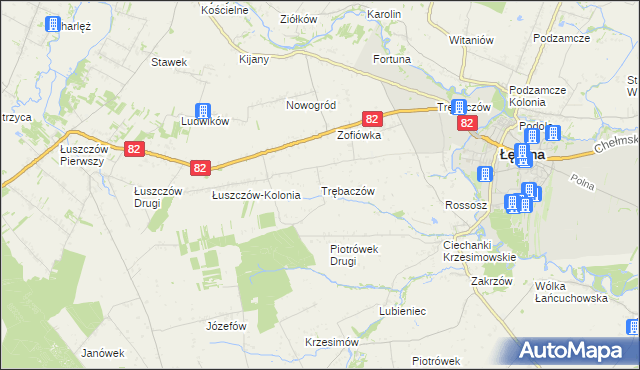 mapa Trębaczów gmina Łęczna, Trębaczów gmina Łęczna na mapie Targeo