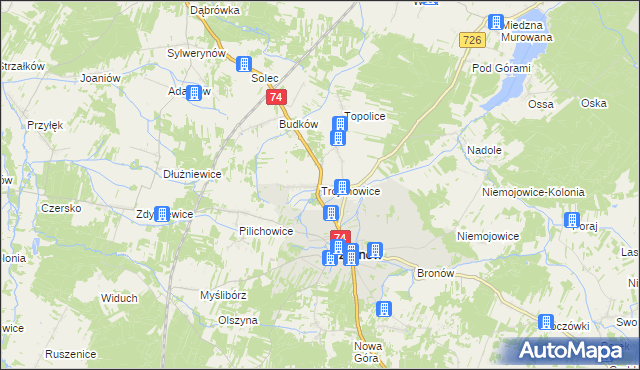 mapa Trojanowice gmina Żarnów, Trojanowice gmina Żarnów na mapie Targeo