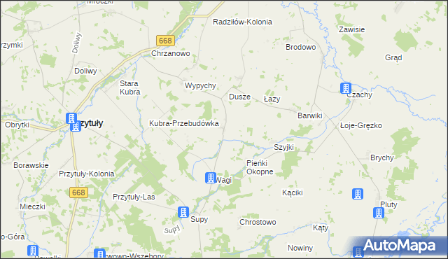 mapa Trzaski gmina Przytuły, Trzaski gmina Przytuły na mapie Targeo