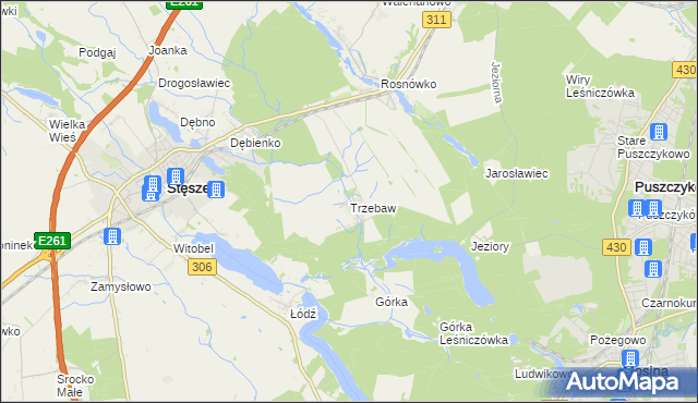 mapa Trzebaw gmina Stęszew, Trzebaw gmina Stęszew na mapie Targeo