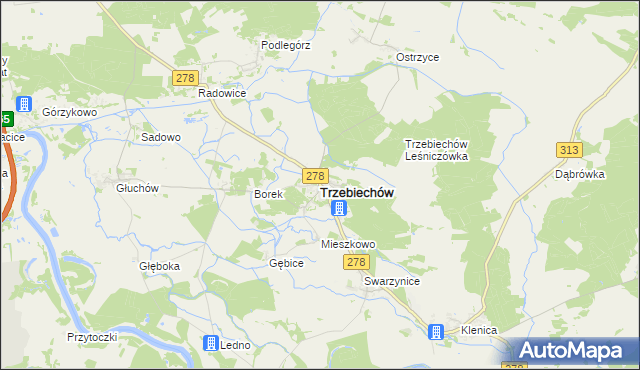 mapa Trzebiechów powiat zielonogórski, Trzebiechów powiat zielonogórski na mapie Targeo