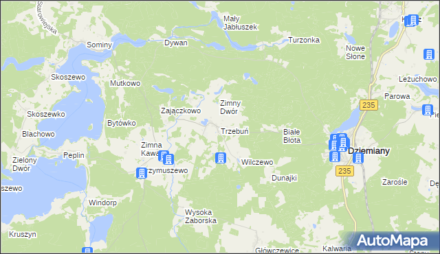 mapa Trzebuń gmina Dziemiany, Trzebuń gmina Dziemiany na mapie Targeo