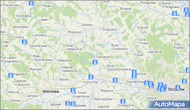 mapa Tułkowice gmina Wiśniowa, Tułkowice gmina Wiśniowa na mapie Targeo