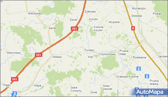 mapa Turowo gmina Kalinowo, Turowo gmina Kalinowo na mapie Targeo