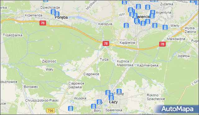 mapa Turza gmina Łazy, Turza gmina Łazy na mapie Targeo