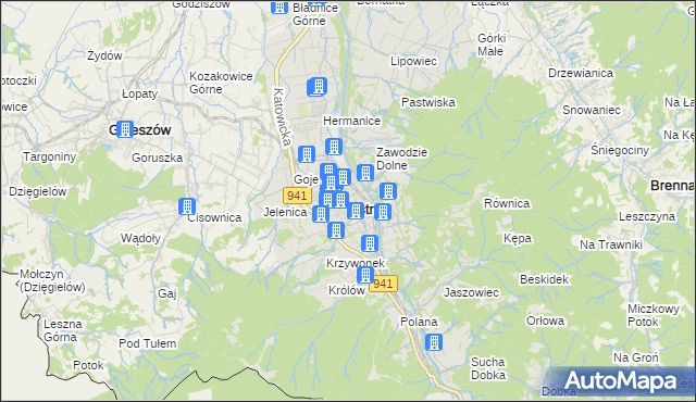 mapa Ustroń powiat cieszyński, Ustroń powiat cieszyński na mapie Targeo