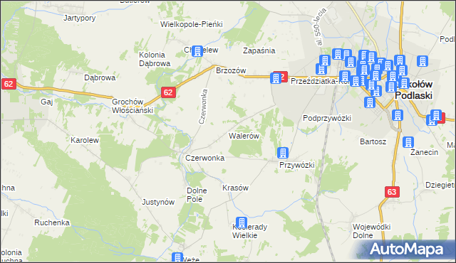 mapa Walerów gmina Sokołów Podlaski, Walerów gmina Sokołów Podlaski na mapie Targeo