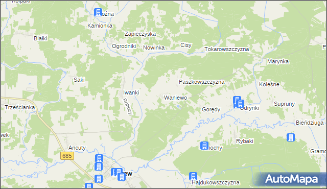 mapa Waniewo gmina Narew, Waniewo gmina Narew na mapie Targeo