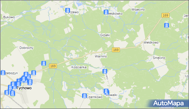 mapa Warnino gmina Tychowo, Warnino gmina Tychowo na mapie Targeo