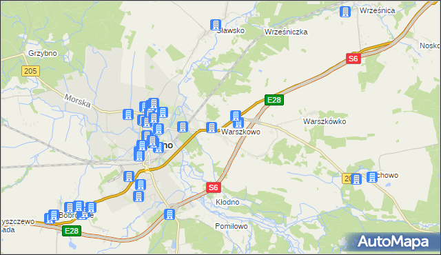 mapa Warszkowo gmina Sławno, Warszkowo gmina Sławno na mapie Targeo