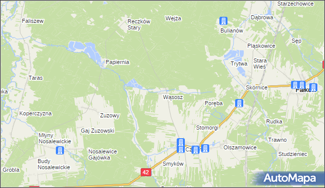 mapa Wąsosz gmina Fałków, Wąsosz gmina Fałków na mapie Targeo