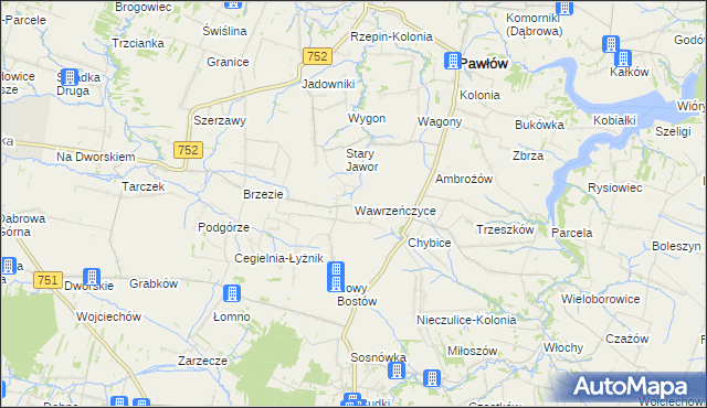 mapa Wawrzeńczyce gmina Pawłów, Wawrzeńczyce gmina Pawłów na mapie Targeo