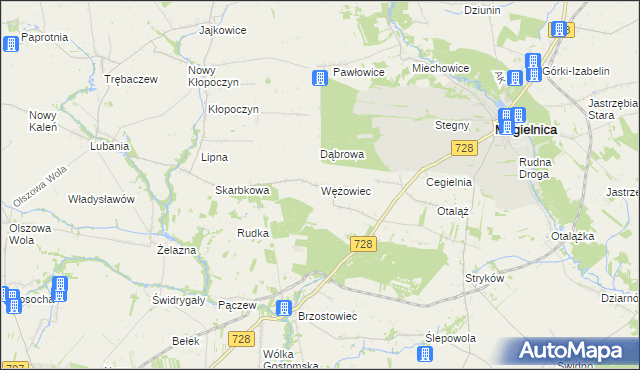 mapa Wężowiec gmina Mogielnica, Wężowiec gmina Mogielnica na mapie Targeo