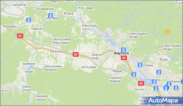 mapa Wielka Wieś gmina Wąchock, Wielka Wieś gmina Wąchock na mapie Targeo