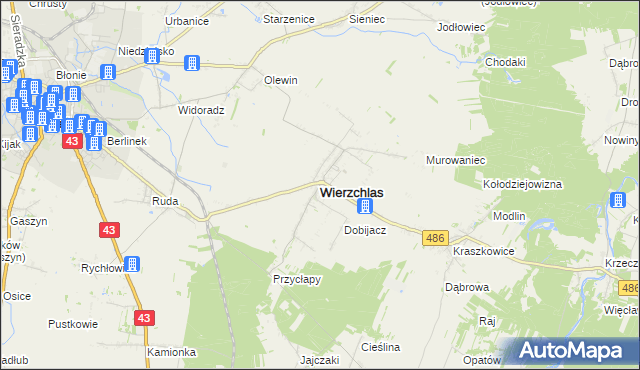 mapa Wierzchlas powiat wieluński, Wierzchlas powiat wieluński na mapie Targeo