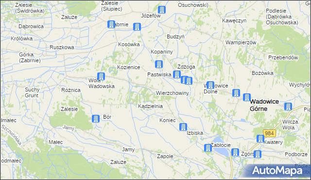 mapa Wierzchowiny gmina Wadowice Górne, Wierzchowiny gmina Wadowice Górne na mapie Targeo