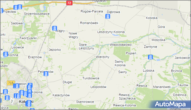 mapa Wierzchy gmina Koluszki, Wierzchy gmina Koluszki na mapie Targeo