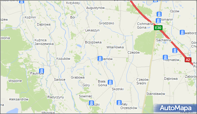 mapa Wilamów gmina Uniejów, Wilamów gmina Uniejów na mapie Targeo