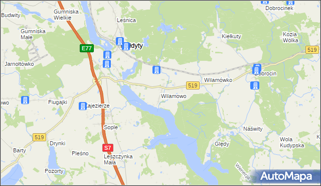 mapa Wilamowo gmina Małdyty, Wilamowo gmina Małdyty na mapie Targeo