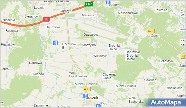 mapa Wilkowyja gmina Buczek, Wilkowyja gmina Buczek na mapie Targeo