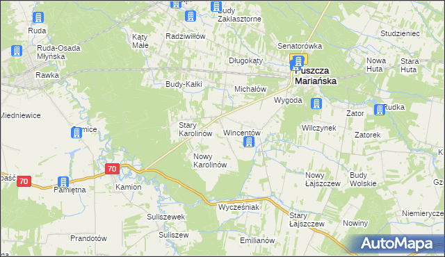mapa Wincentów gmina Puszcza Mariańska, Wincentów gmina Puszcza Mariańska na mapie Targeo