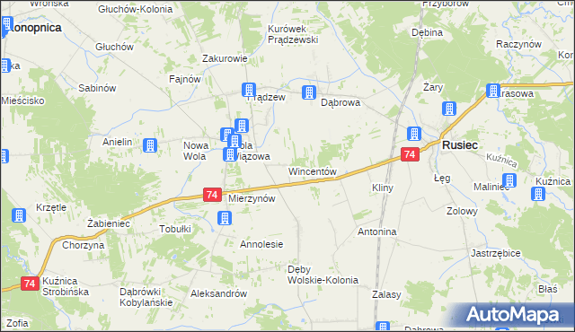 mapa Wincentów gmina Rusiec, Wincentów gmina Rusiec na mapie Targeo