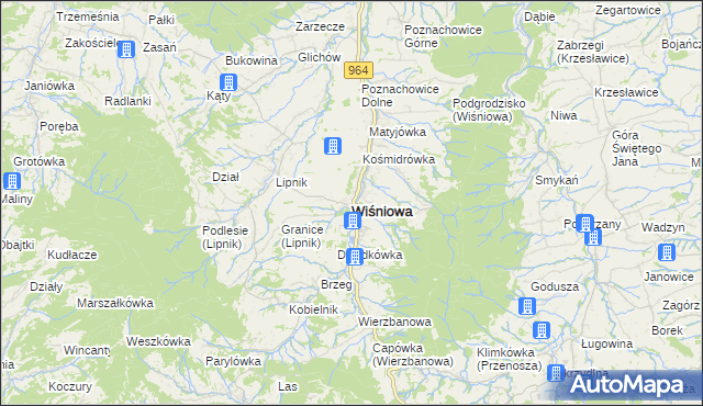 mapa Wiśniowa powiat myślenicki, Wiśniowa powiat myślenicki na mapie Targeo