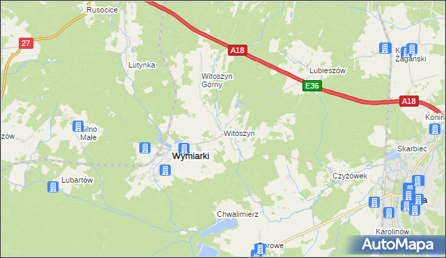 mapa Witoszyn gmina Wymiarki, Witoszyn gmina Wymiarki na mapie Targeo