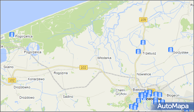 mapa Włodarka gmina Trzebiatów, Włodarka gmina Trzebiatów na mapie Targeo
