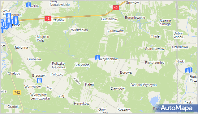 mapa Wojciechów gmina Przedbórz, Wojciechów gmina Przedbórz na mapie Targeo