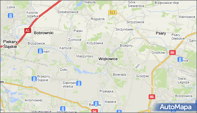mapa Wojkowice powiat będziński, Wojkowice powiat będziński na mapie Targeo
