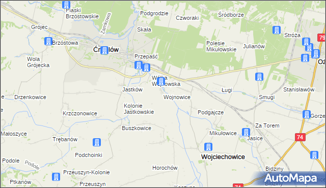 mapa Wojnowice gmina Ćmielów, Wojnowice gmina Ćmielów na mapie Targeo