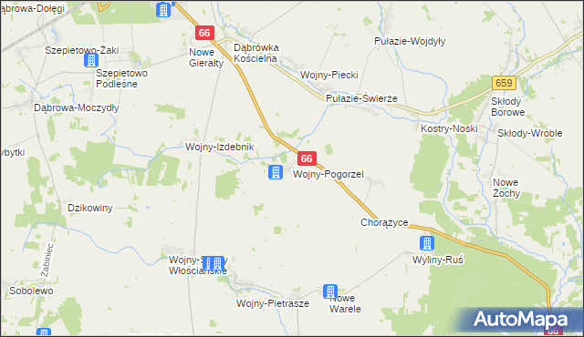 mapa Wojny-Pogorzel, Wojny-Pogorzel na mapie Targeo