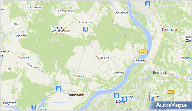 mapa Wojszyn gmina Janowiec, Wojszyn gmina Janowiec na mapie Targeo