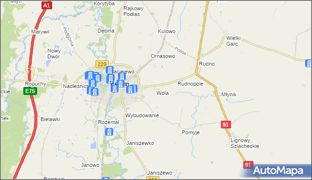 mapa Wola gmina Pelplin, Wola gmina Pelplin na mapie Targeo