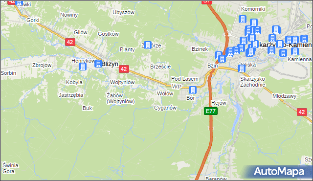 mapa Wołów gmina Bliżyn, Wołów gmina Bliżyn na mapie Targeo