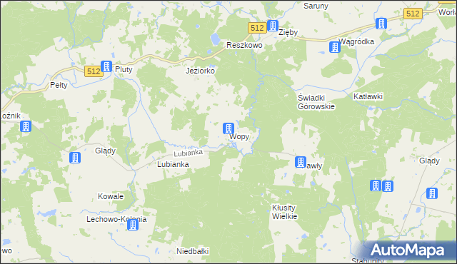 mapa Wopy gmina Pieniężno, Wopy gmina Pieniężno na mapie Targeo