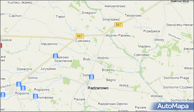 mapa Woźniki gmina Radzanowo, Woźniki gmina Radzanowo na mapie Targeo