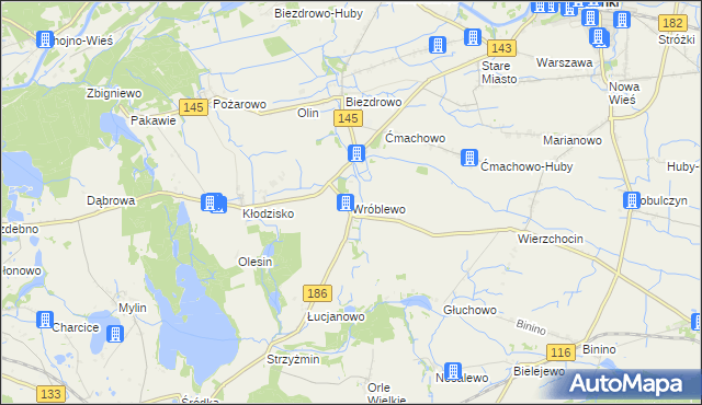 mapa Wróblewo gmina Wronki, Wróblewo gmina Wronki na mapie Targeo